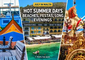 Planning Malta in July? See temperatures, sea conditions, rainfall, UV, what to wear, swimming advice and what to expect from early to late July.