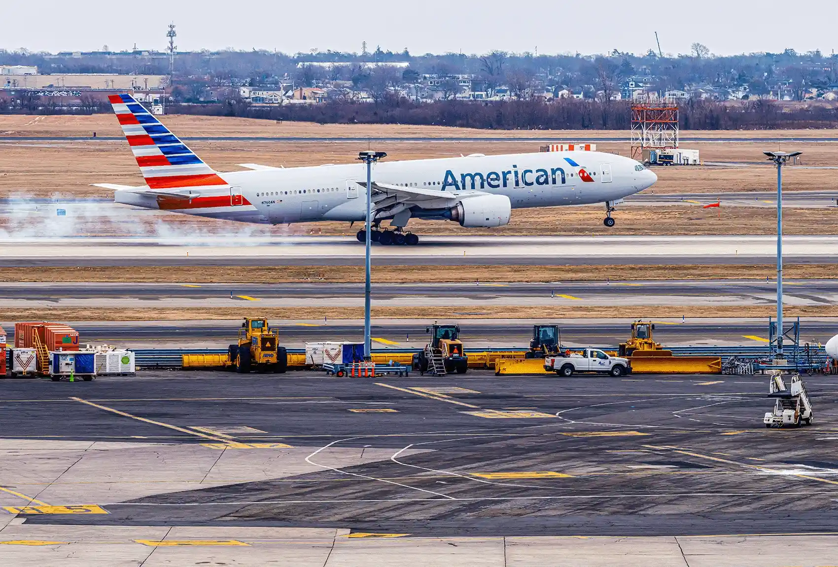 American Airlines Boeing 777 landing at a New York airport.