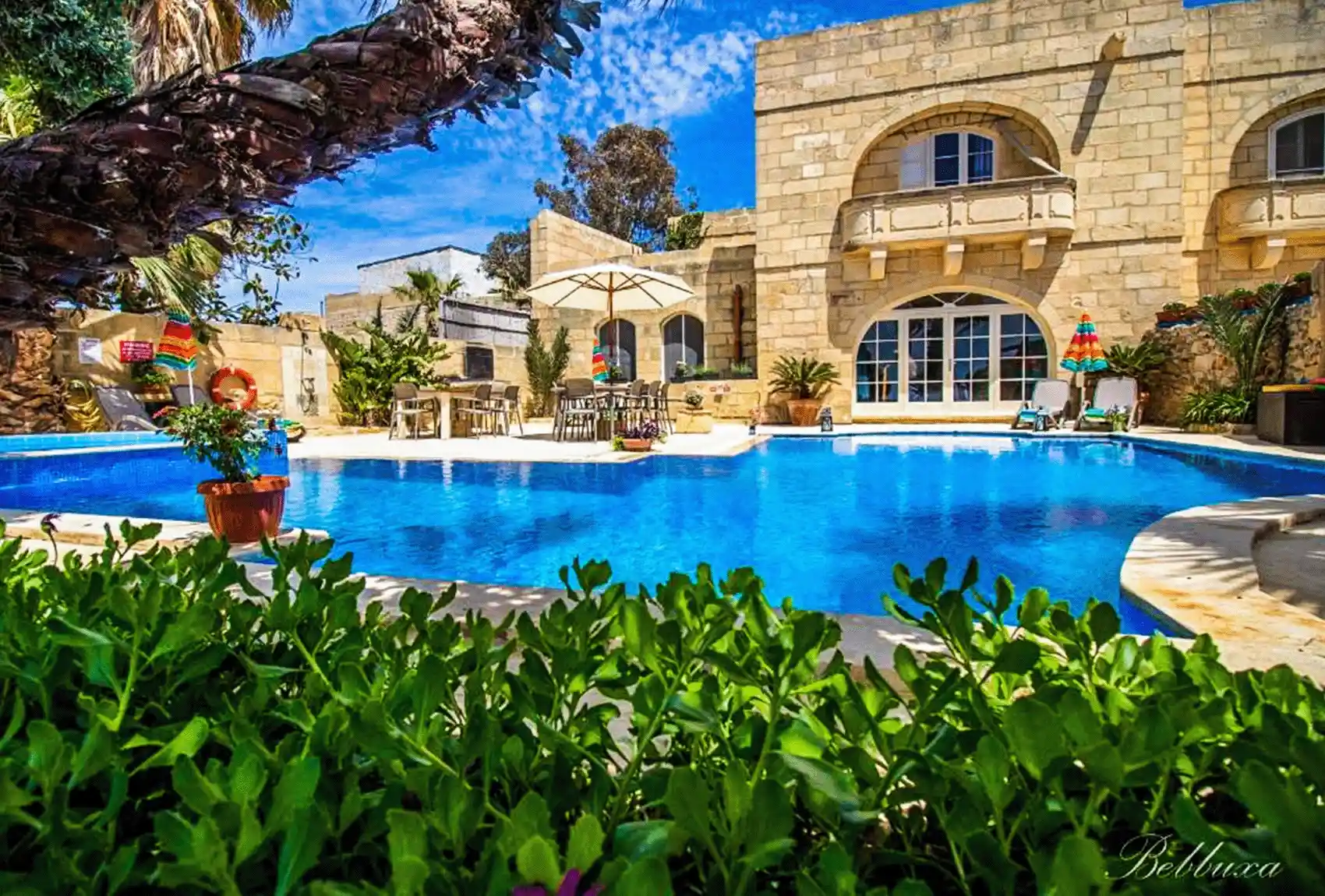 Bebbuxa Farmhouse, Għarb, Gozo, Malta, large private pool in a limestone courtyard with lush greenery.