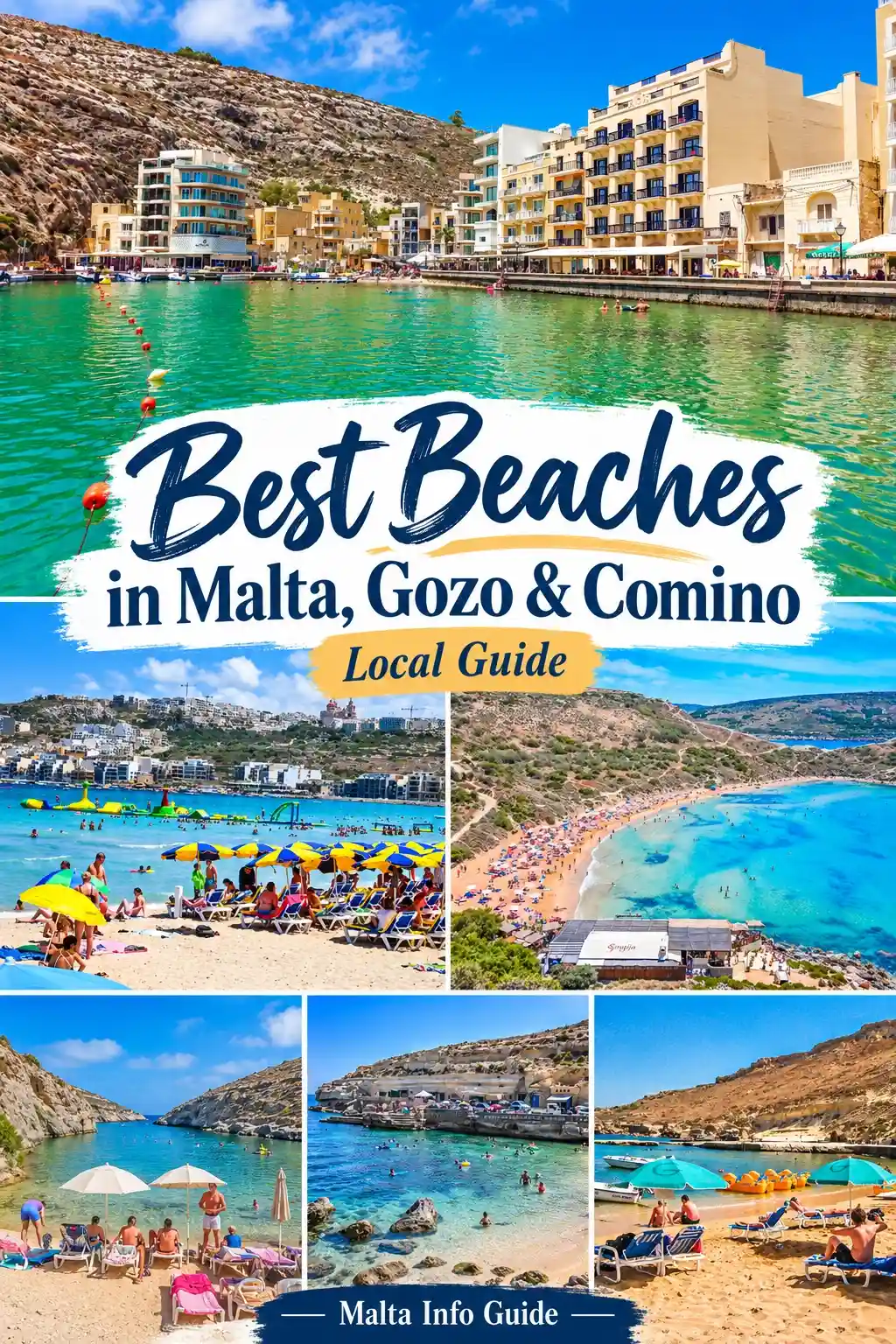 Collage featuring beaches across Malta, Gozo and Comino.