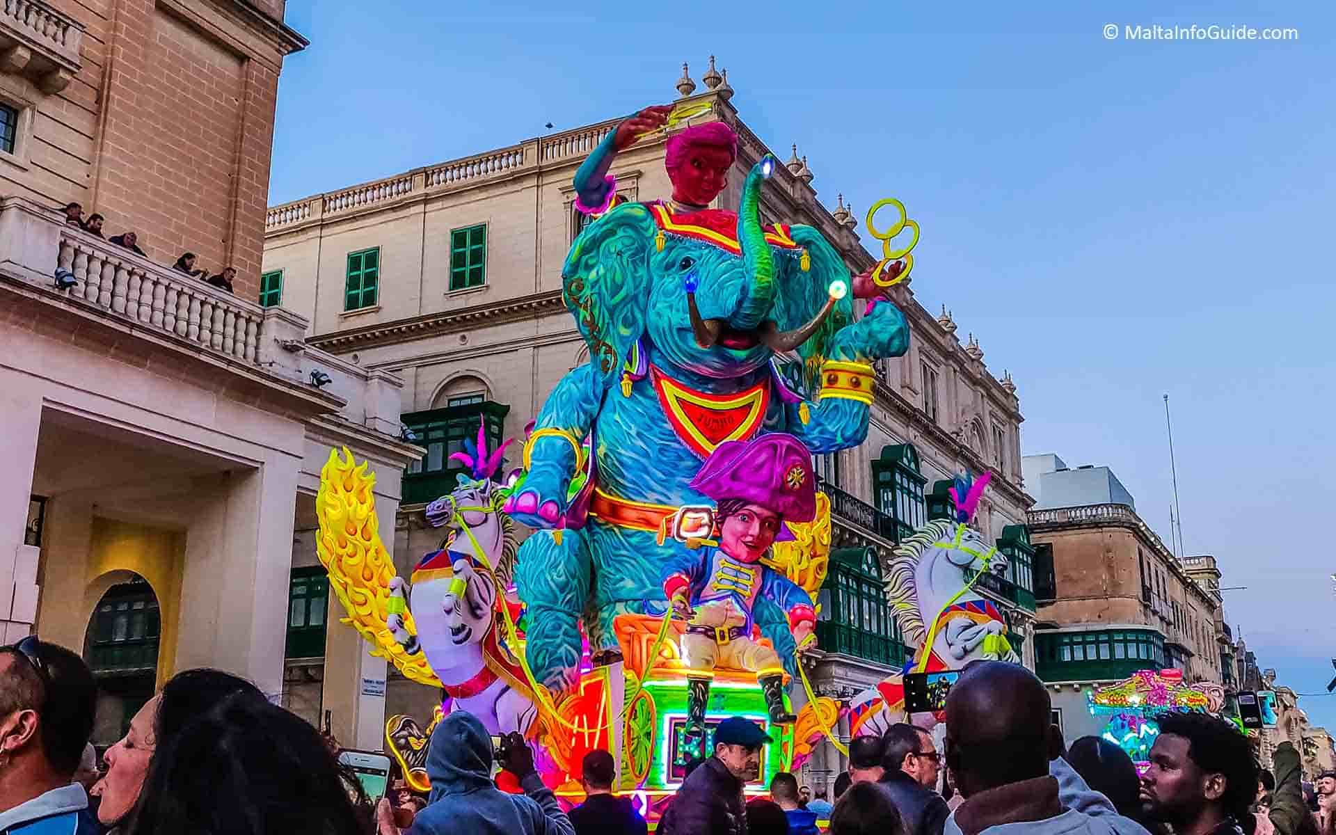 A carnival float passing through Republic street Valletta.