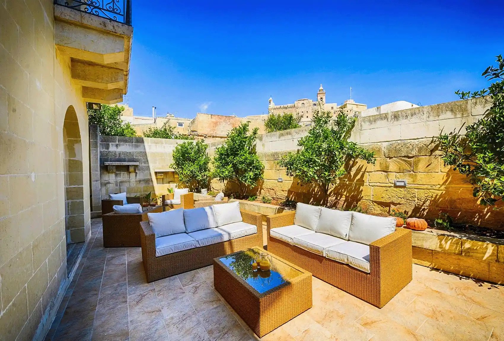 Casa Gemelli Boutique Guesthouse in Victoria, Gozo, Malta outdoor terrace overlooking the historic Cittadella.