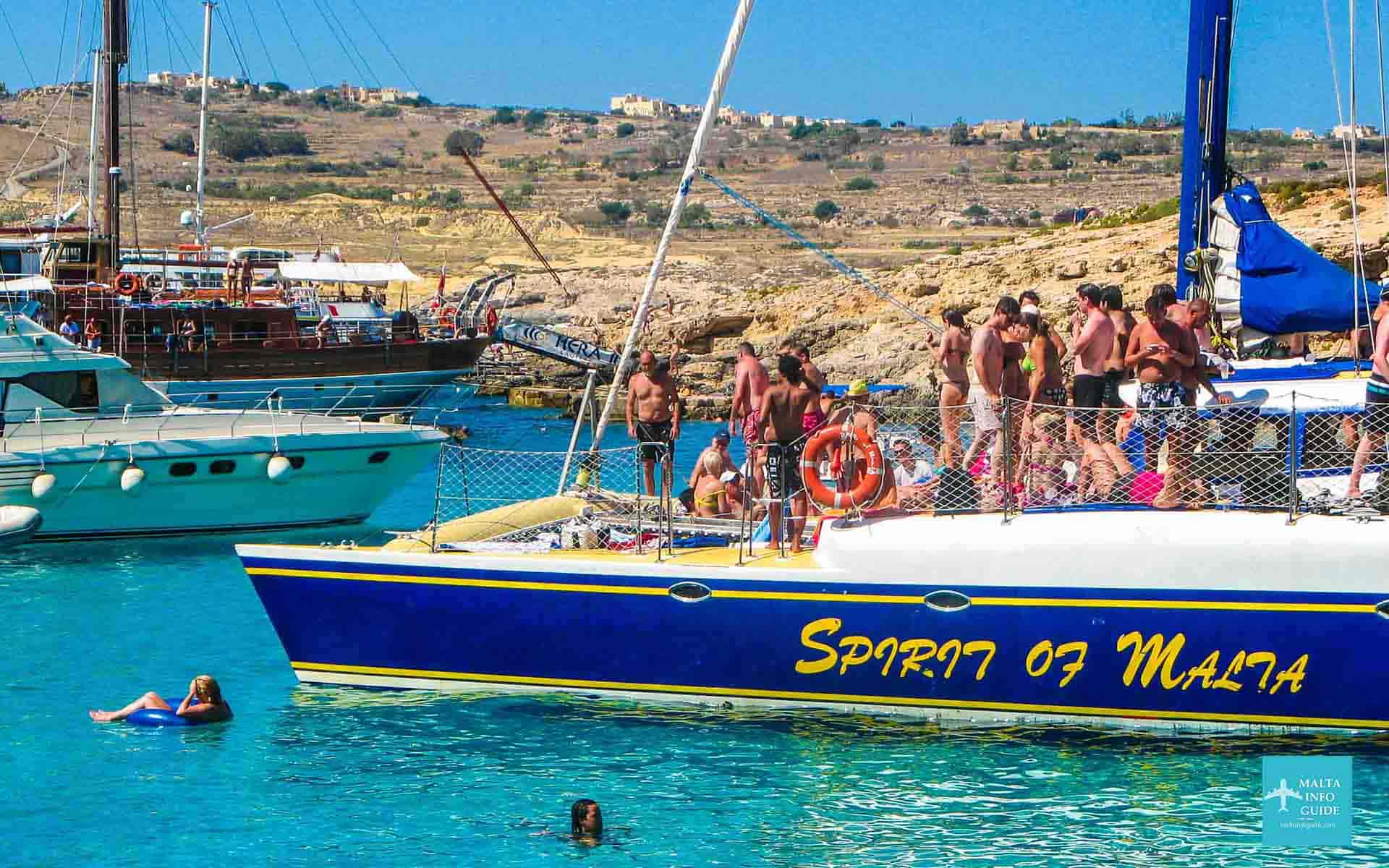 The Spirit of Malta boat docked at Comino island.