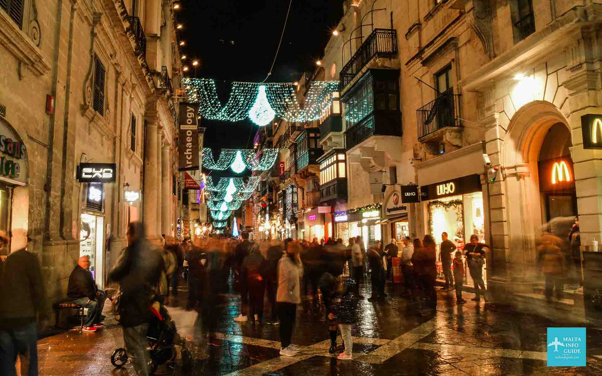Republic street Valletta decorated for Christmas in Malta.