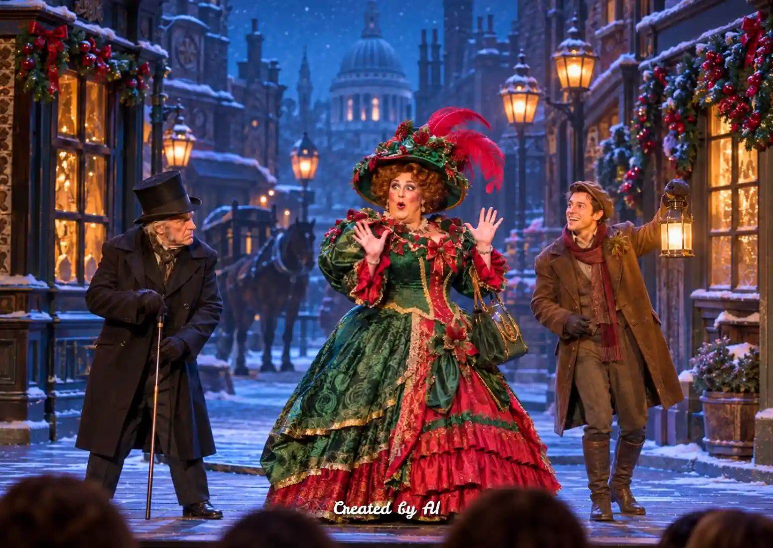 Three panto performers on a snowy festive stage.