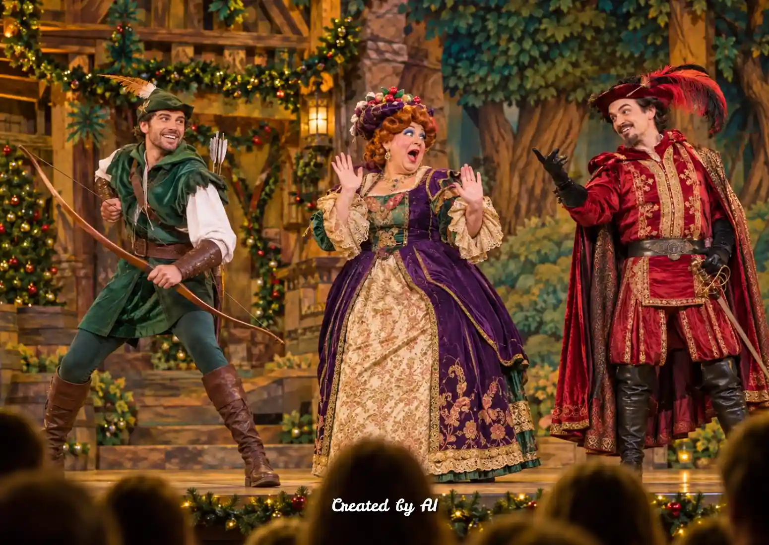 Three panto performers in colourful costumes on stage.