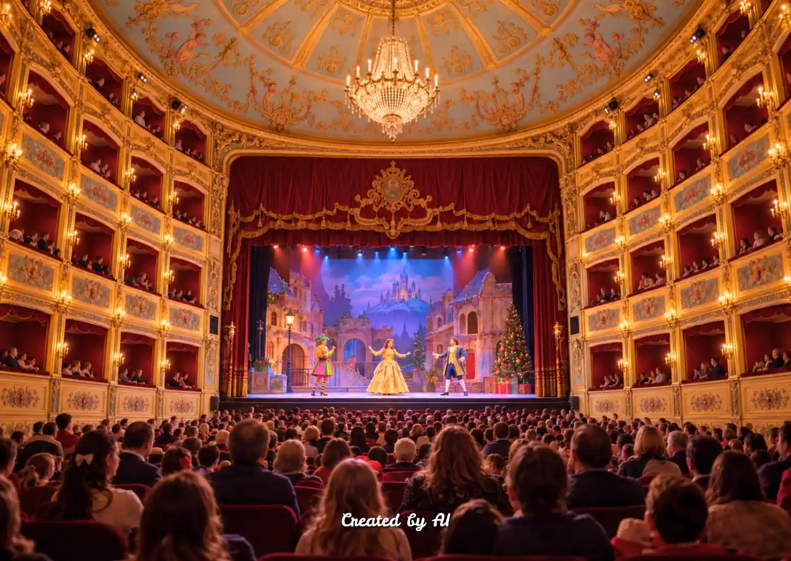 Large theatre audience watching a Christmas panto performance.