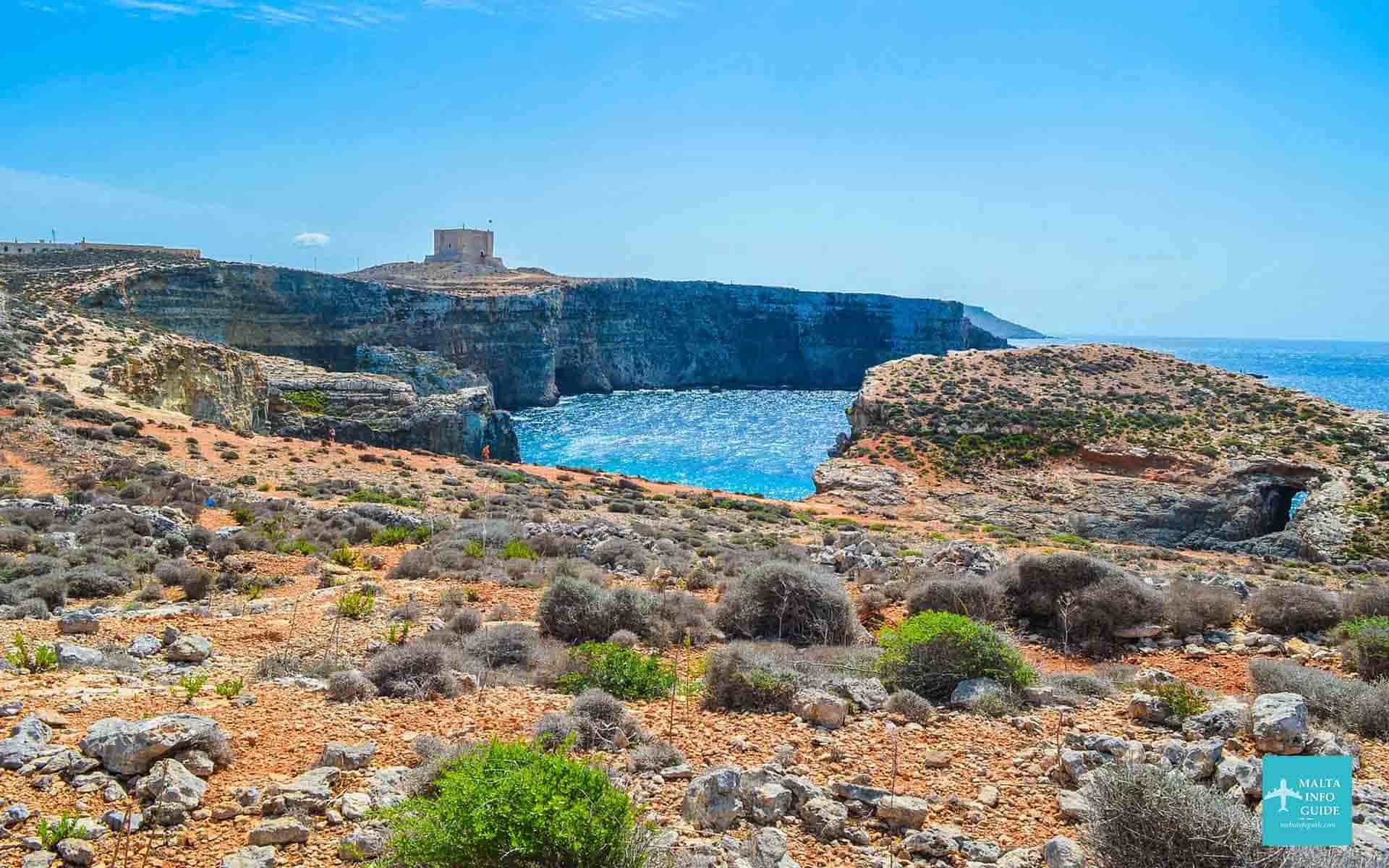 Santa Maria Tower on the island of Comino in the distance.