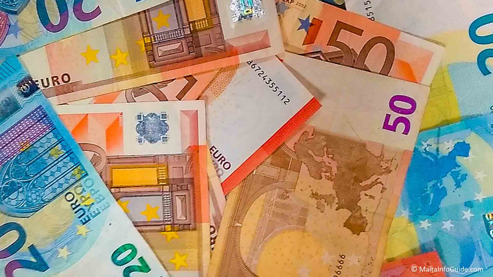 The €20 and €50 Euro notes of the currency in Malta