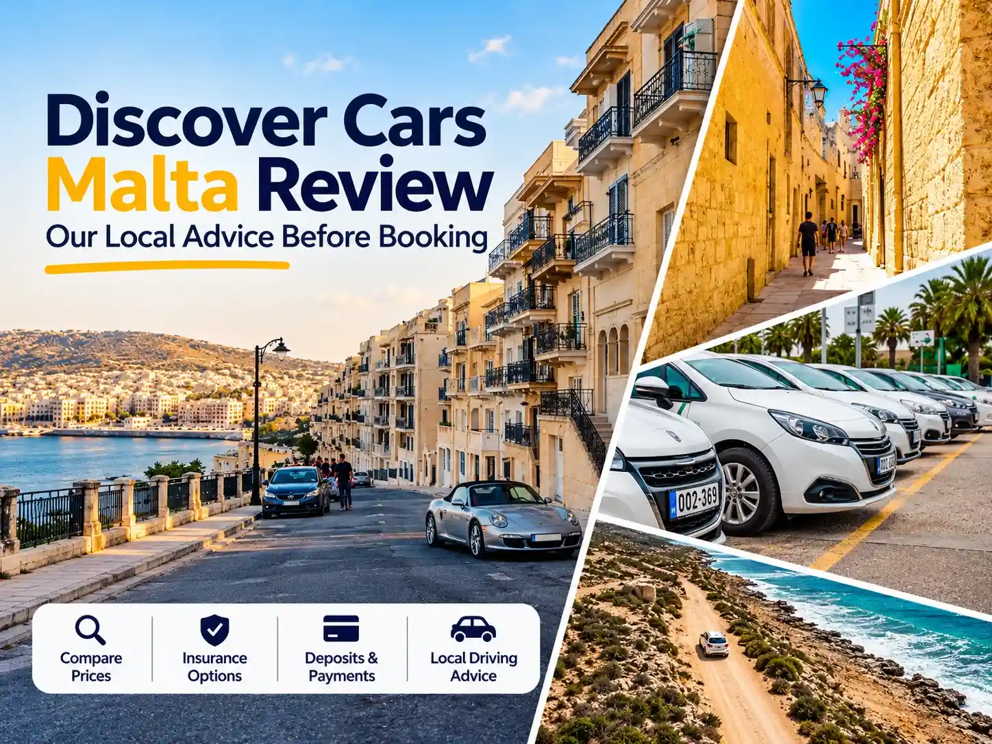 Discover Cars Malta review banner featuring roads and cars.