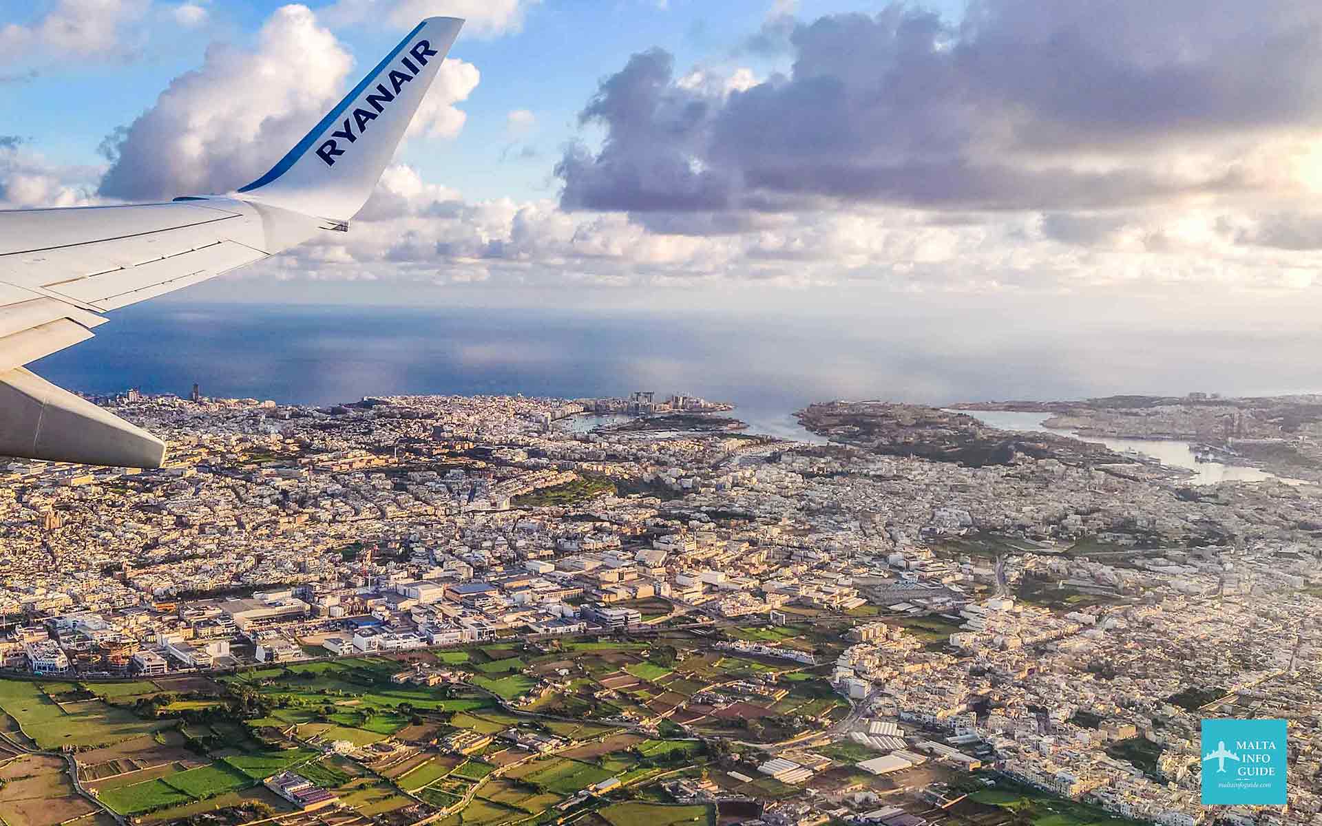 Ryanair plane flying over Malta.