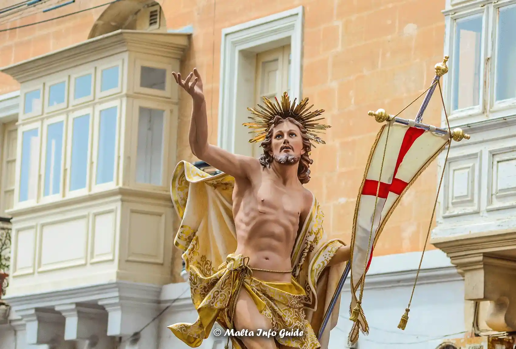 The statue of Jesus Resurrection during the Easter Sunday Procession. Easter Sunday Procession in Malta Zejtun.