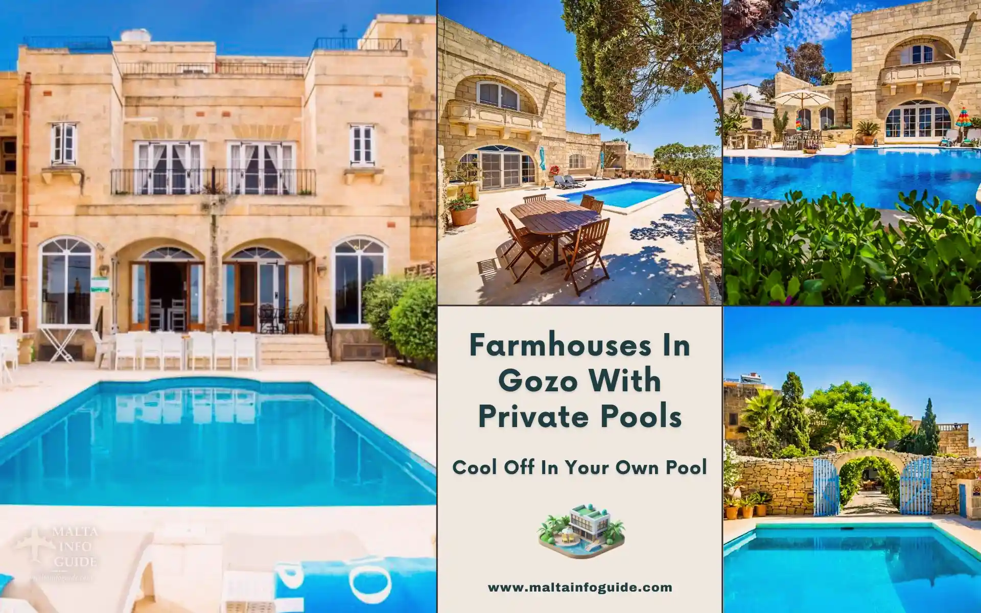 Collage of traditional stone farmhouses in Gozo with private swimming pools.