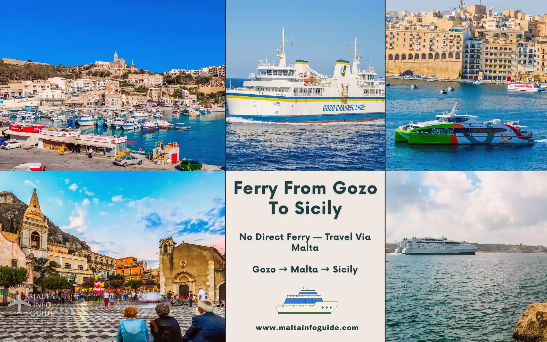 Ferry from Gozo to Sicily via Malta showing Gozo Channel, Gozo Highspeed and Malta to Sicily ferry connections.