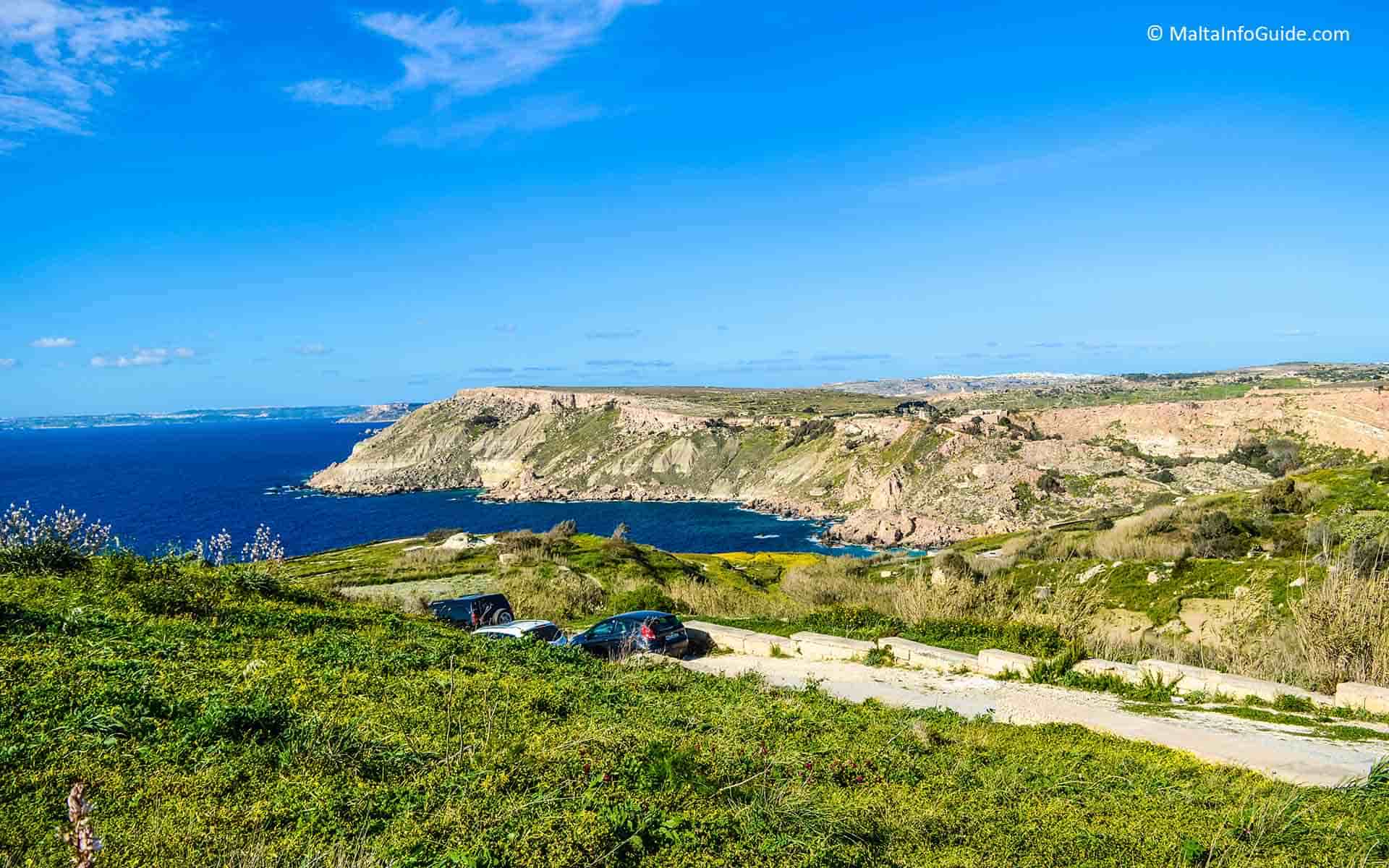 A panoramic view of Fomm Ir-Rih with Gozo island in the background.