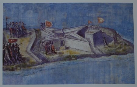 The fallen Fort St. Elmo with the Turkish flags flying over its empty walls