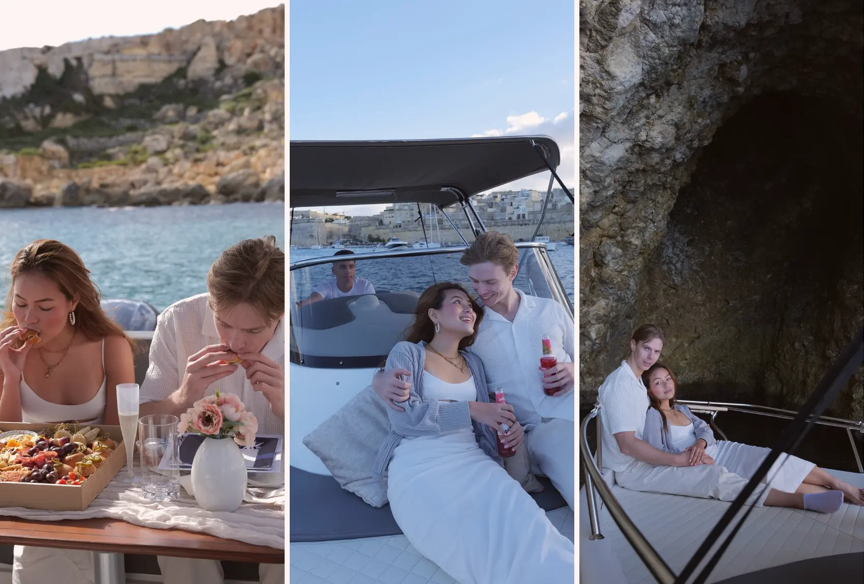 Couple enjoying full-day private boat charter in Malta.