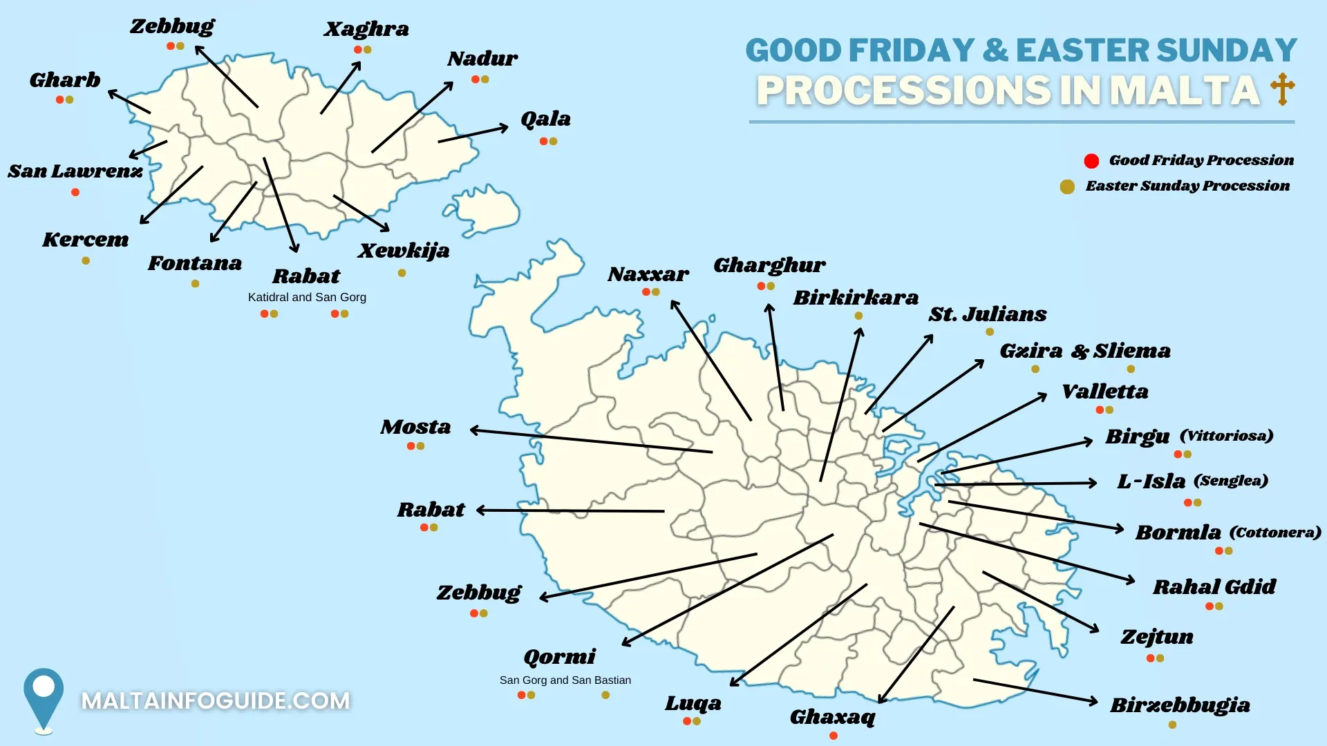 A map pinpointing the towns and villages where the Good Friday and Easter Sunday Processions are held. Good Friday and Easter Sunday Processions in Malta.