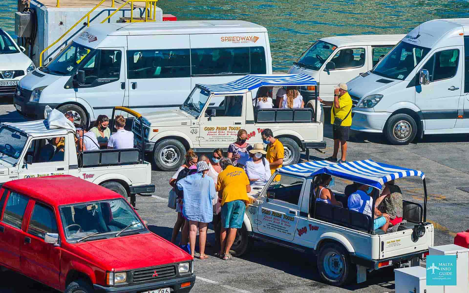 Jeep Safari's waiting at Mgarr Gozo for tourists.