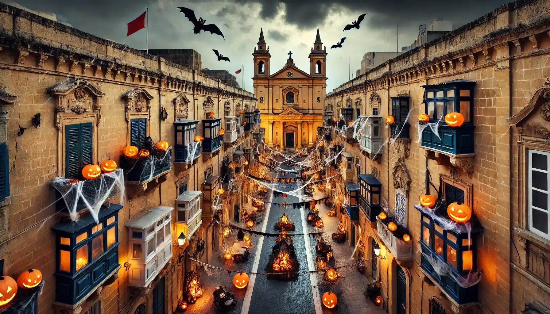 Halloween in Malta street decorations with pumpkins.