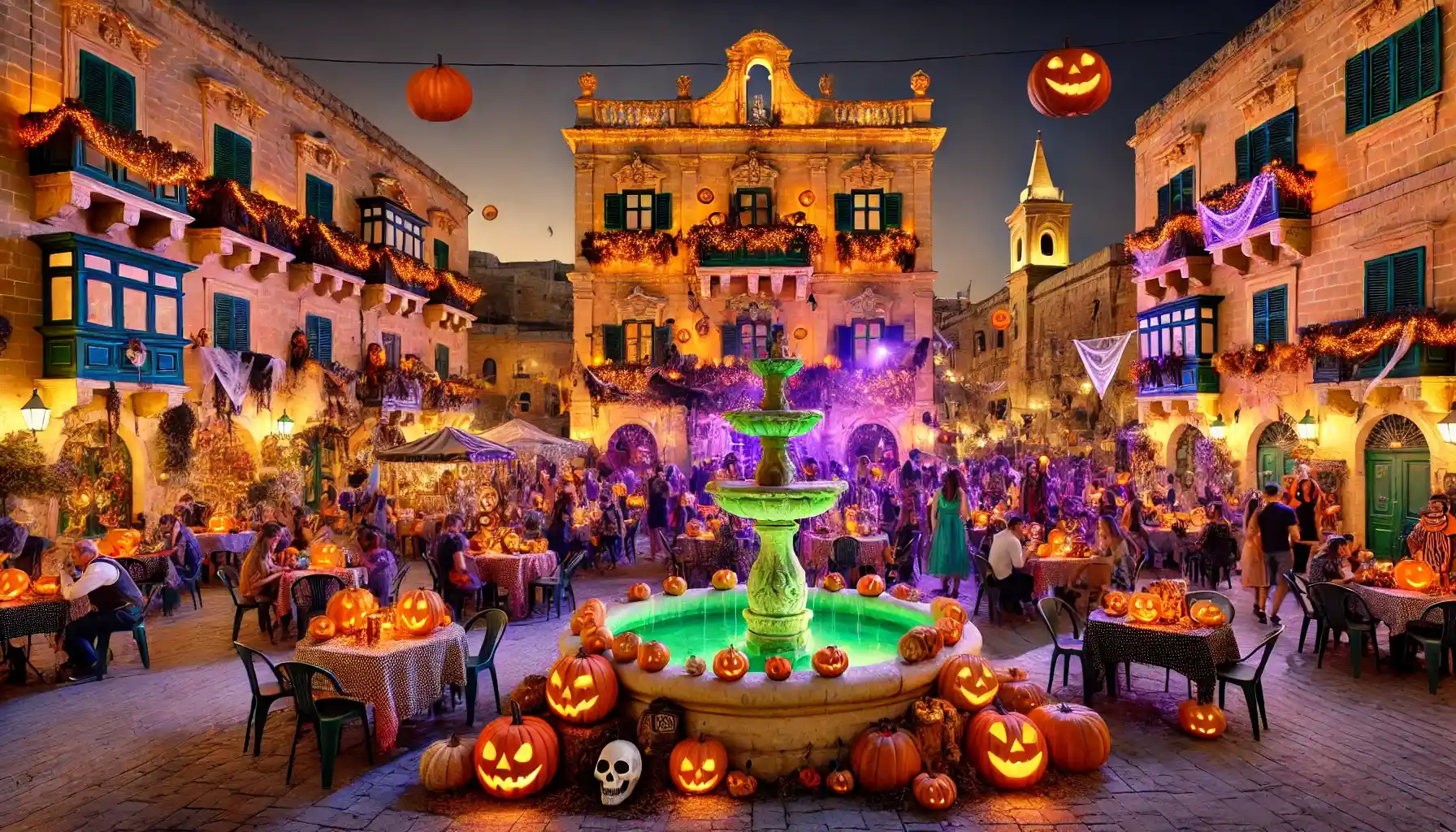 Halloween decorations and pumpkins.