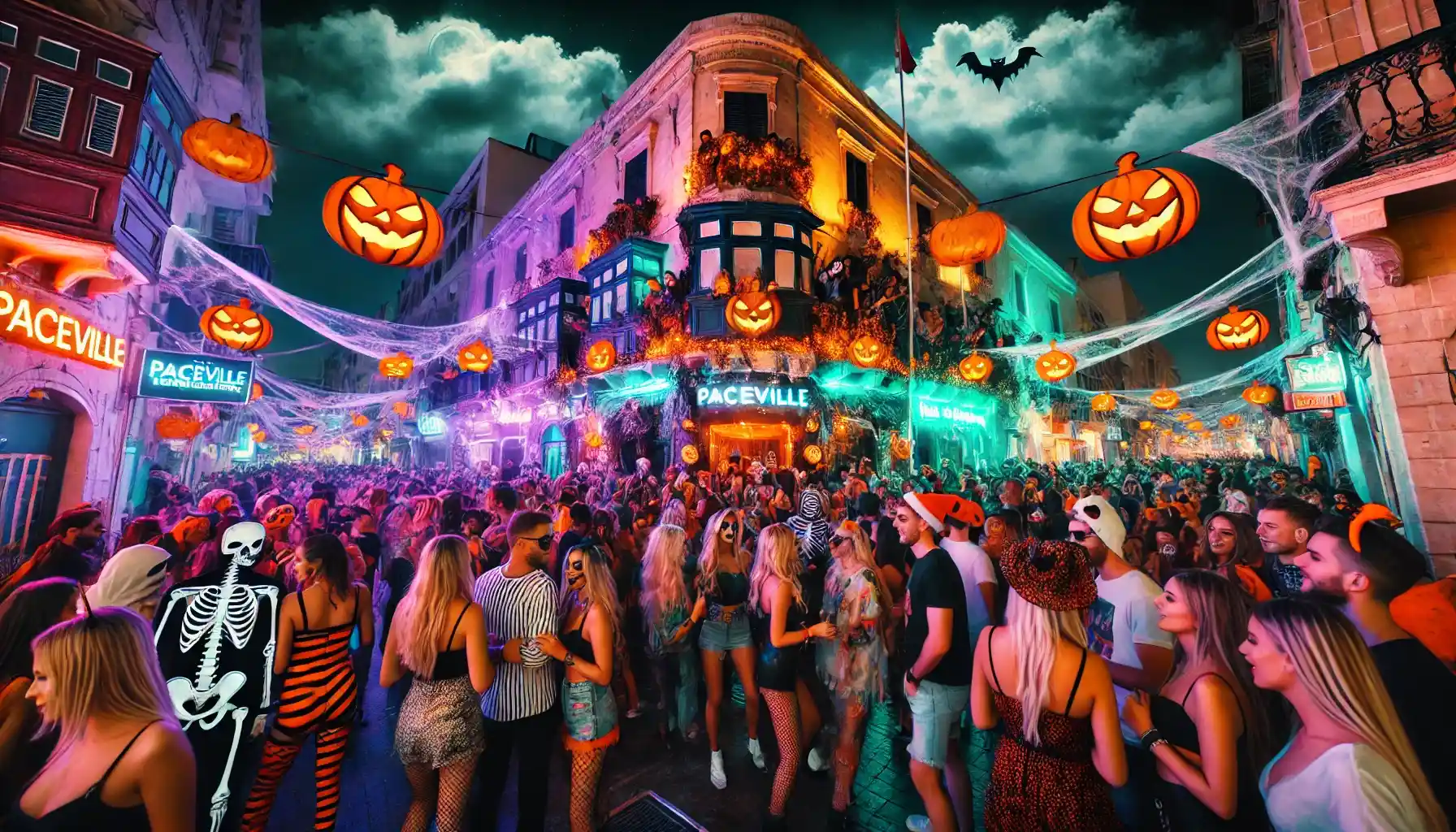 Crowded Halloween Malta party in nightlife streets