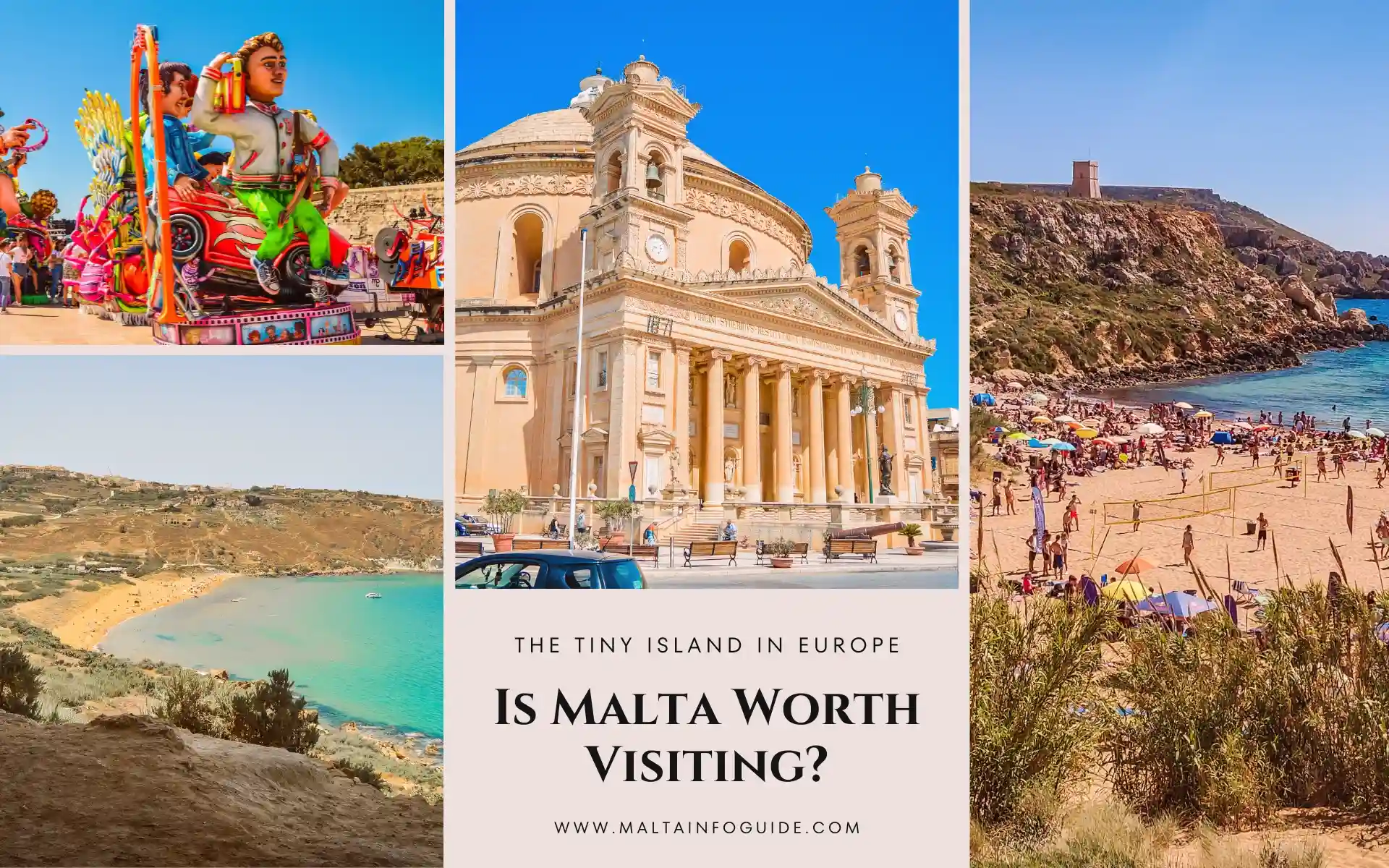 Collage of vibrant images showcasing Malta's culture, architecture, and beaches.