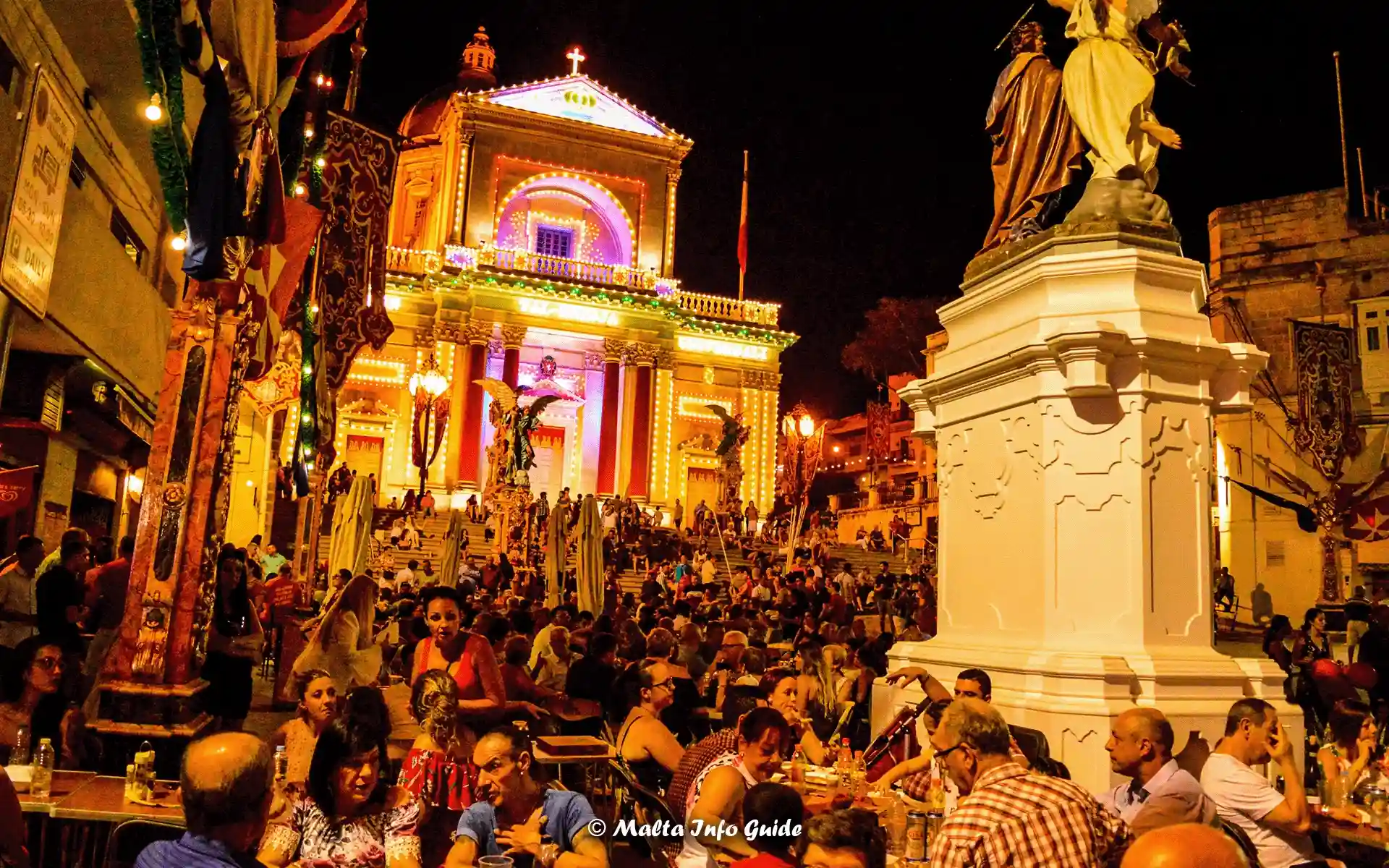 A festively lit church in Malta throughout the night.