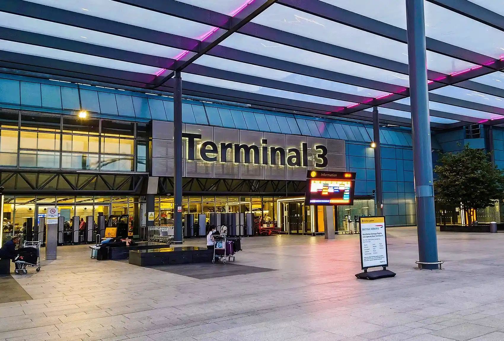 Terminal 3 entrance at London Heathrow Airport.
