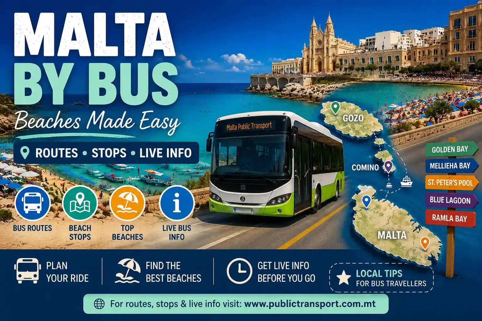 Infographic shows Malta beach bus routes, stops and islands.