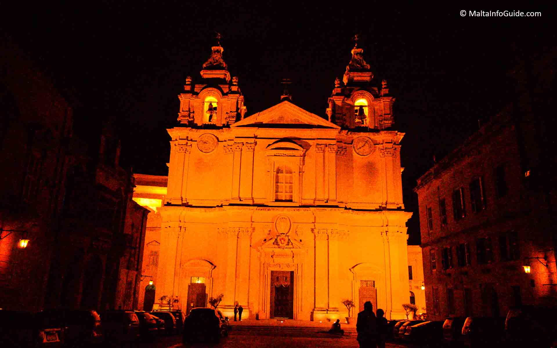 Mdina Malta cathedral lit up.