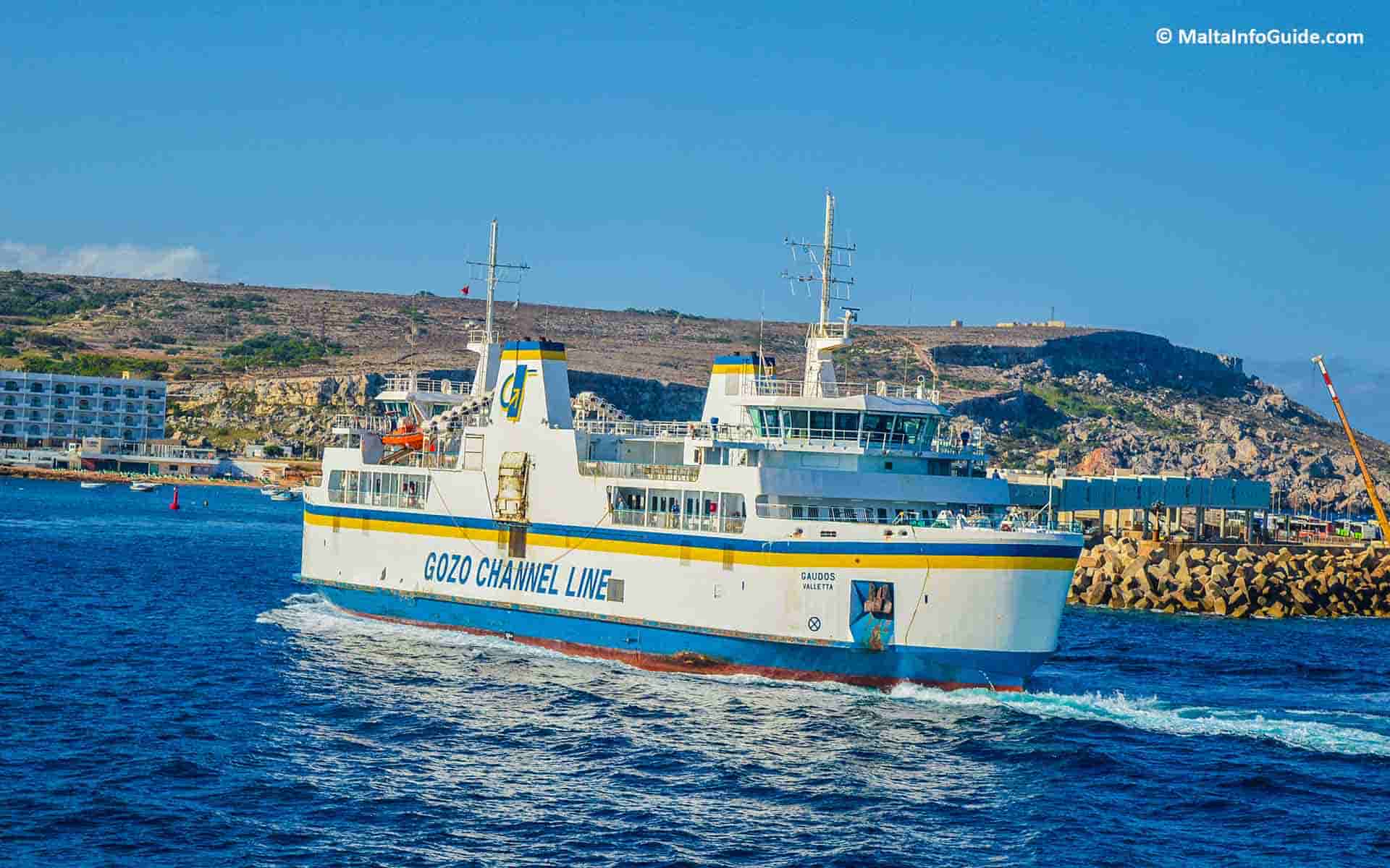 A Gozo channel ferry embarking at Cirkewwa terminal.