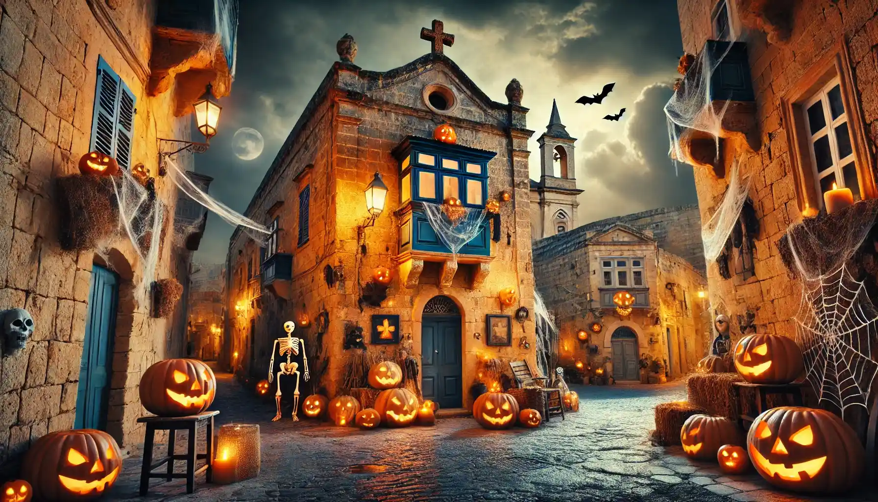 Halloween-themed street decorations in Malta.