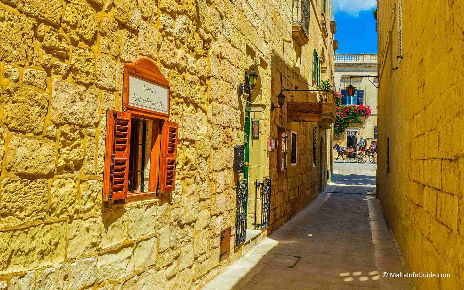 A beautiful narrow street. A horse-drawn carriage can be seen passing through the street of Mdina.