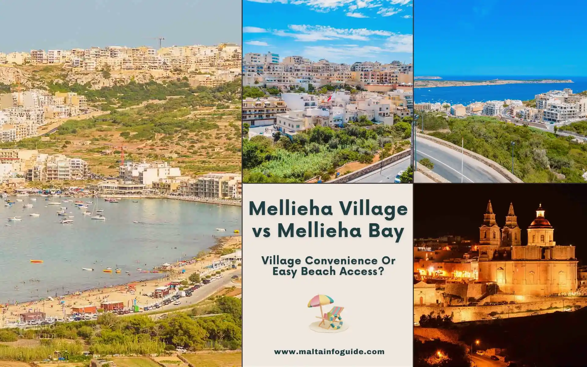 Mellieħa Village and Mellieħa Bay comparison travel graphic.