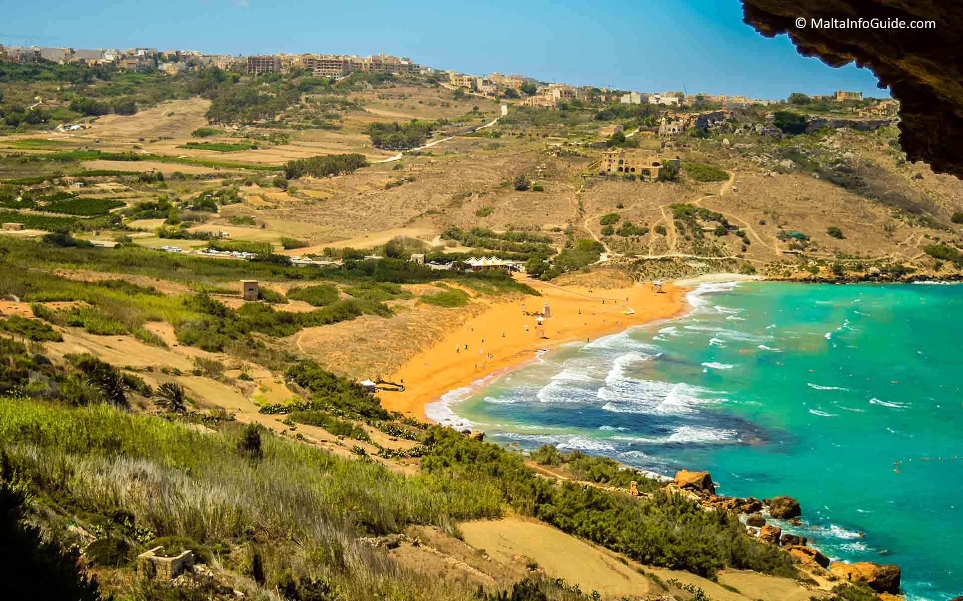 Ramla Bay beach from Mixta Cave Gozo.