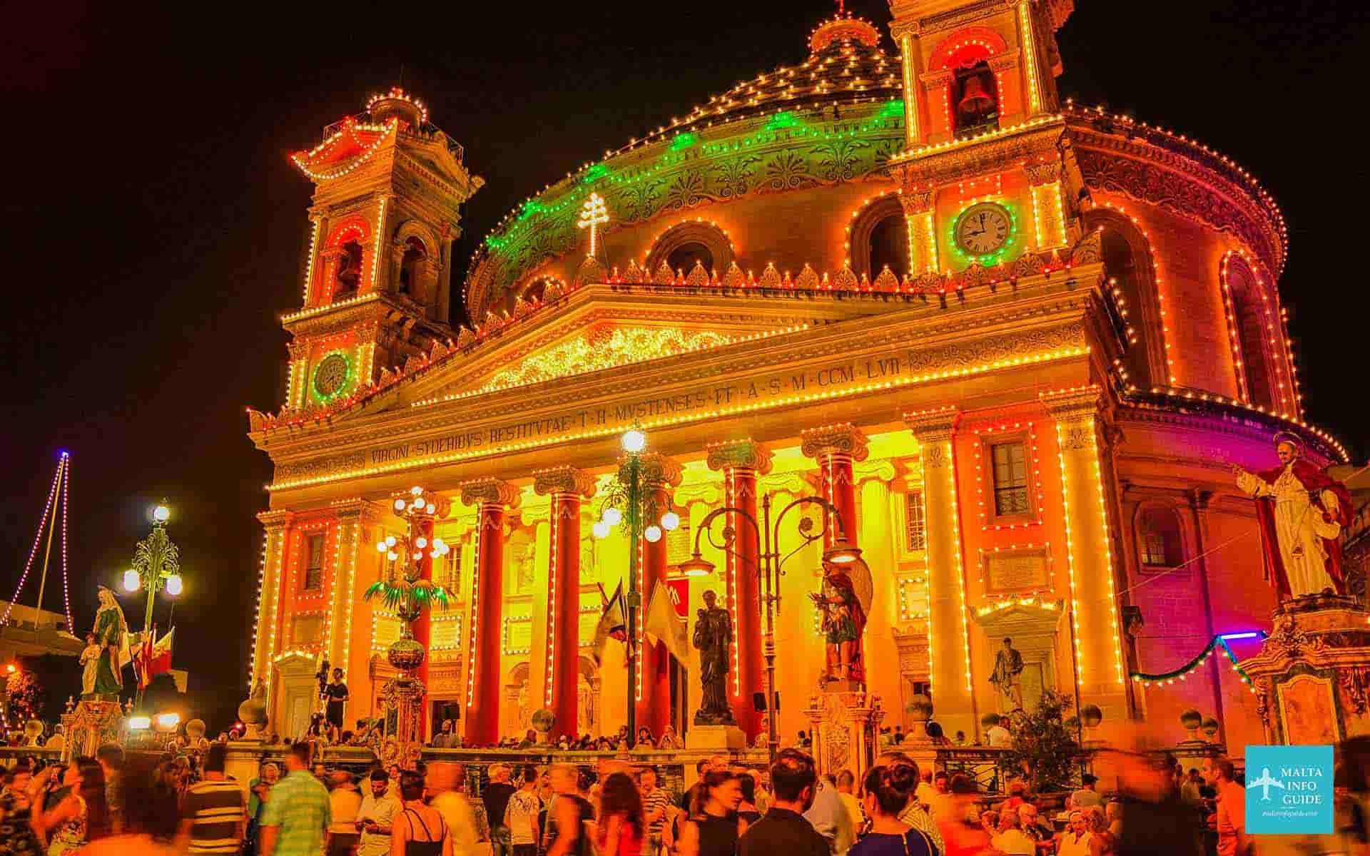 The Mosta church lit up for its feast in August. The Mosta church lit up for its feast in August.