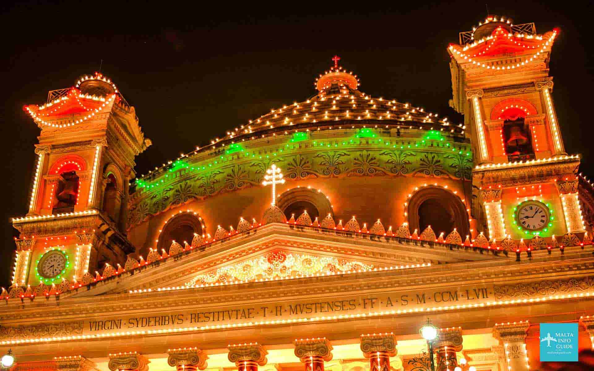 Mosta church lit up for its village feast. Mosta church lit up for its village feast.