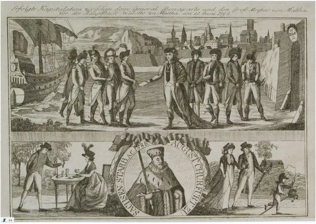 This engraving shows the Knights of St. John surrendering to Napoleon on June 10, 1798.