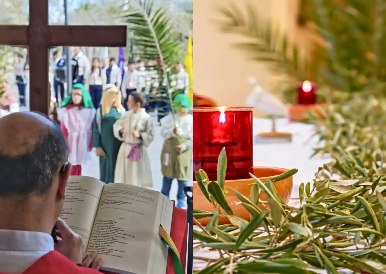 Collage showing priest reading, cross, candle and olive branches.