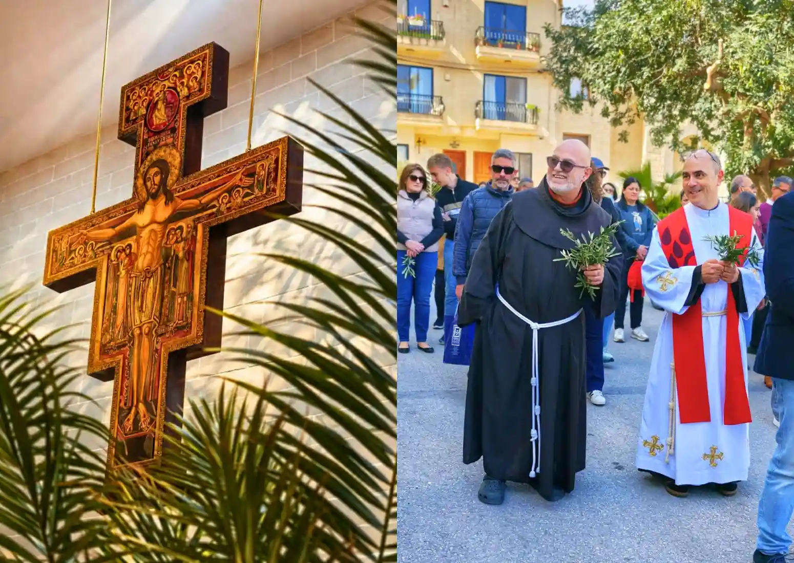 Decorated cross and two clergymen holding green olive branches during Palm Sunday.