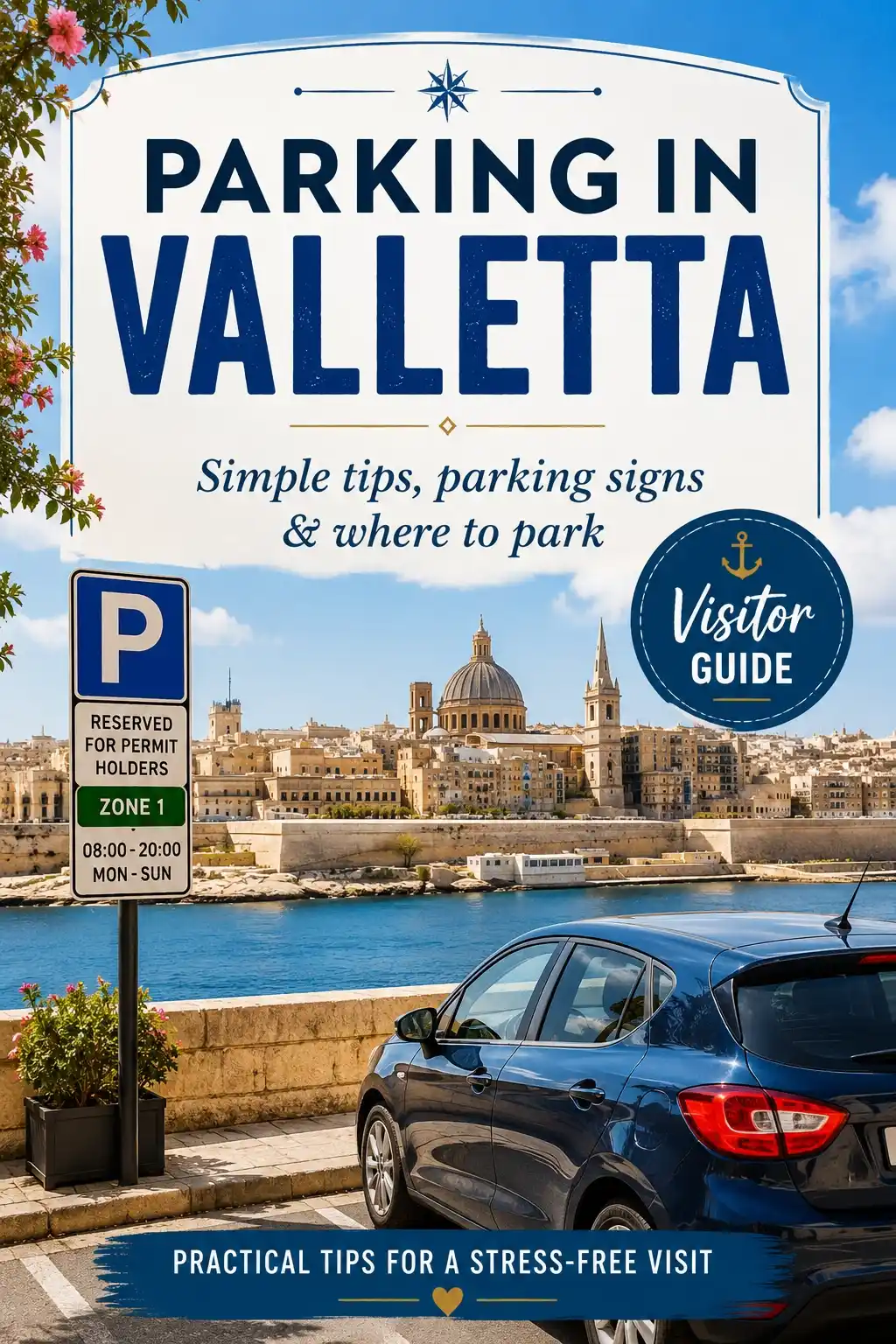 Parking in Valletta visitor guide with car, parking sign and Valletta skyline.