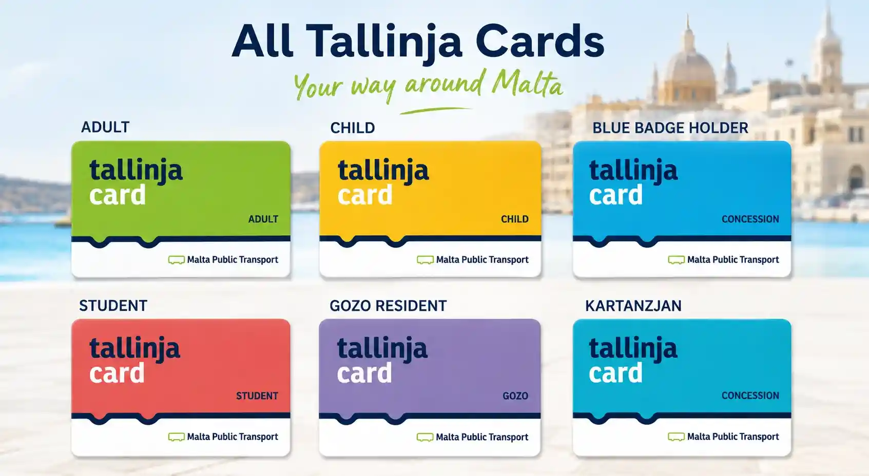 Six personalised Tallinja cards displayed by customer category.