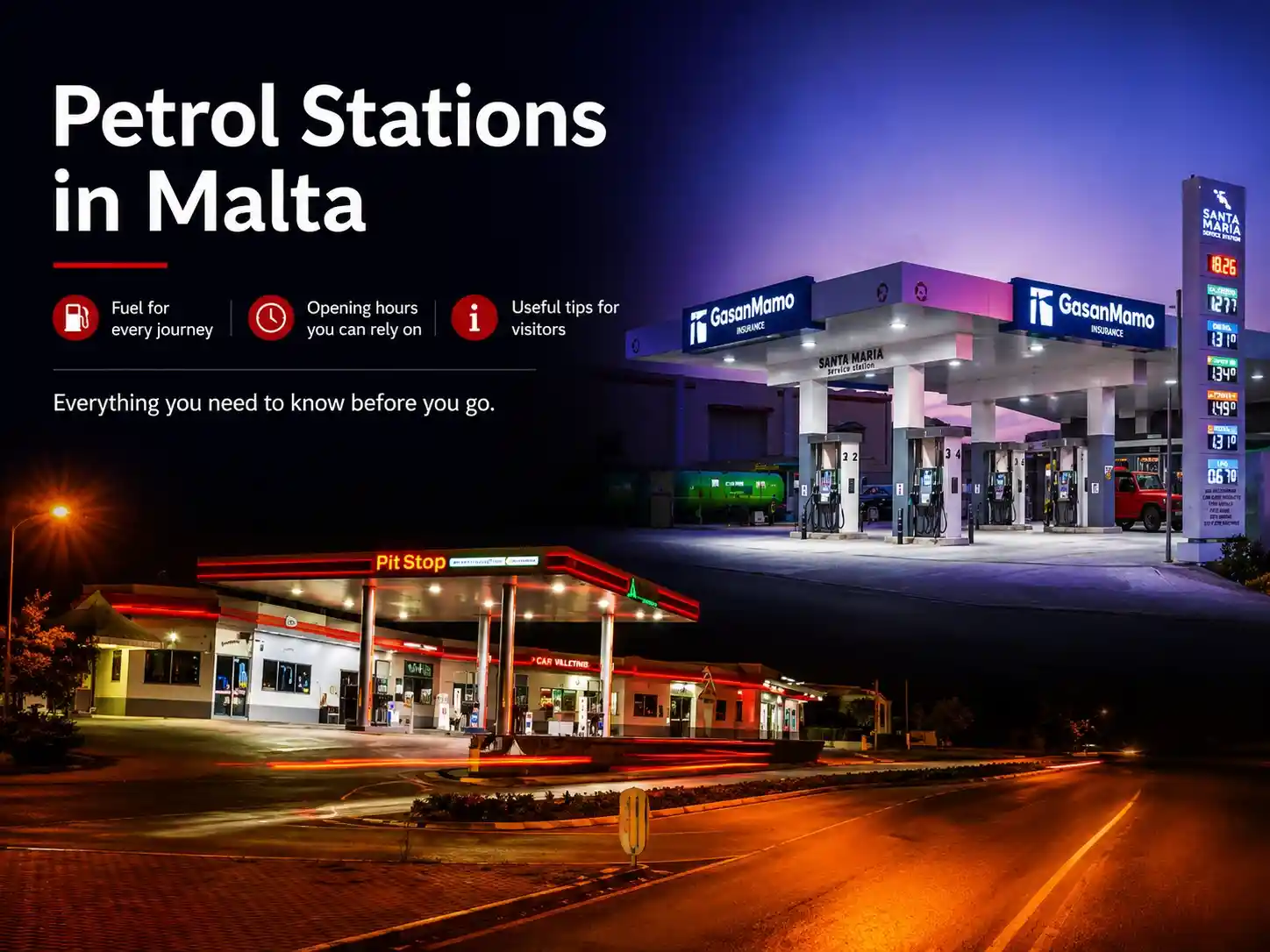 Malta petrol station guide featuring two illuminated forecourts.