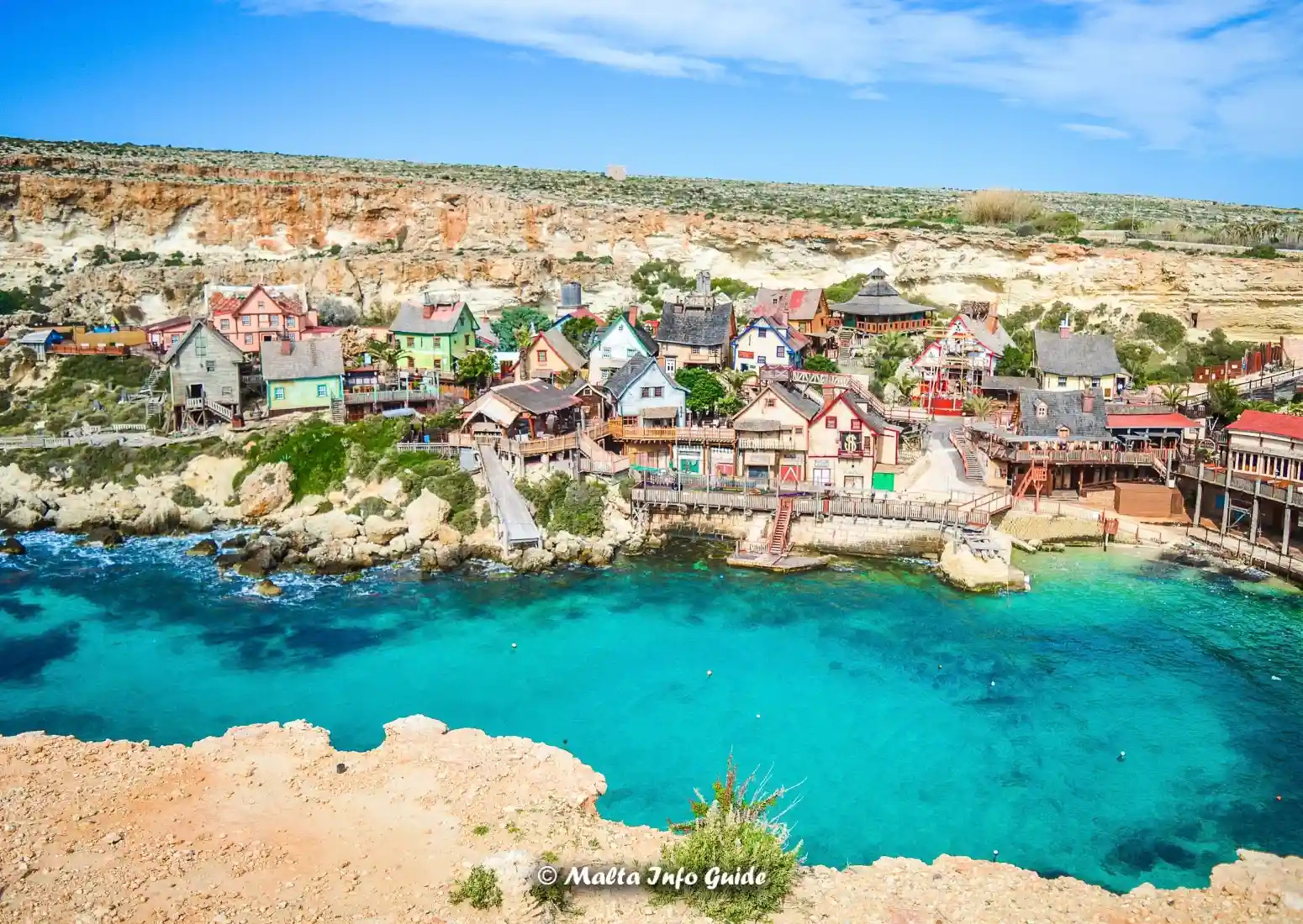 Popeye Village at Anchor Bay in Malta on a clear spring day