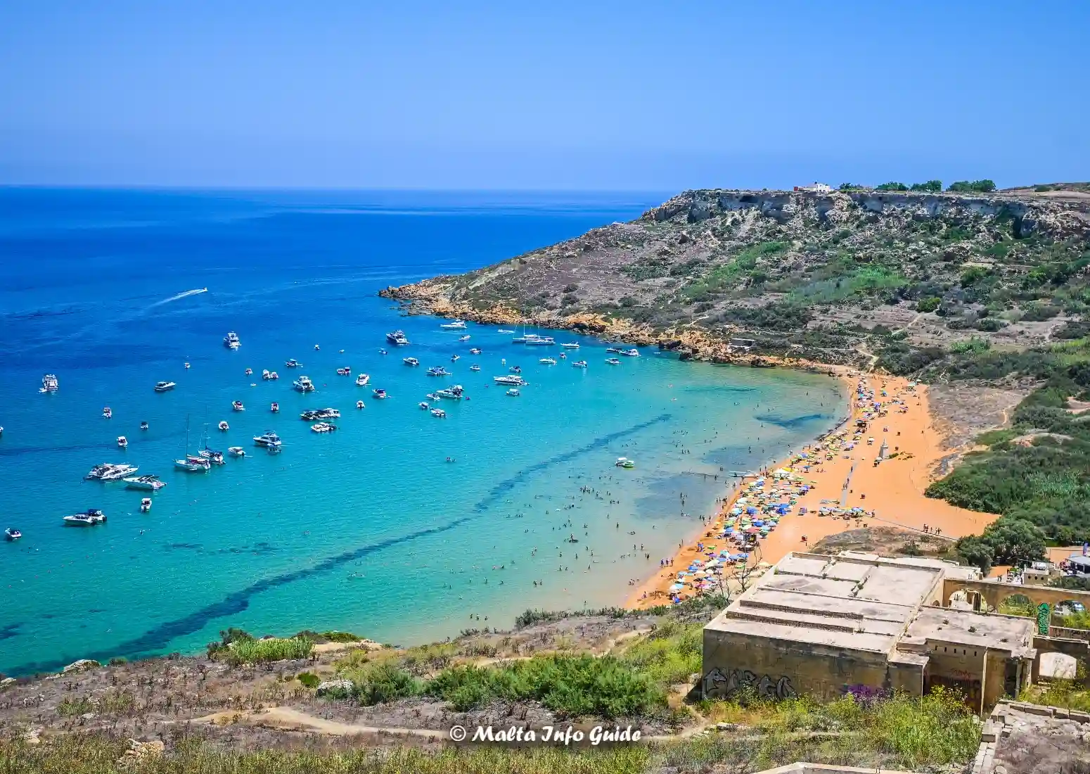 Panoramic view of Ramla Bay and its red sand beach in Gozo, Malta.