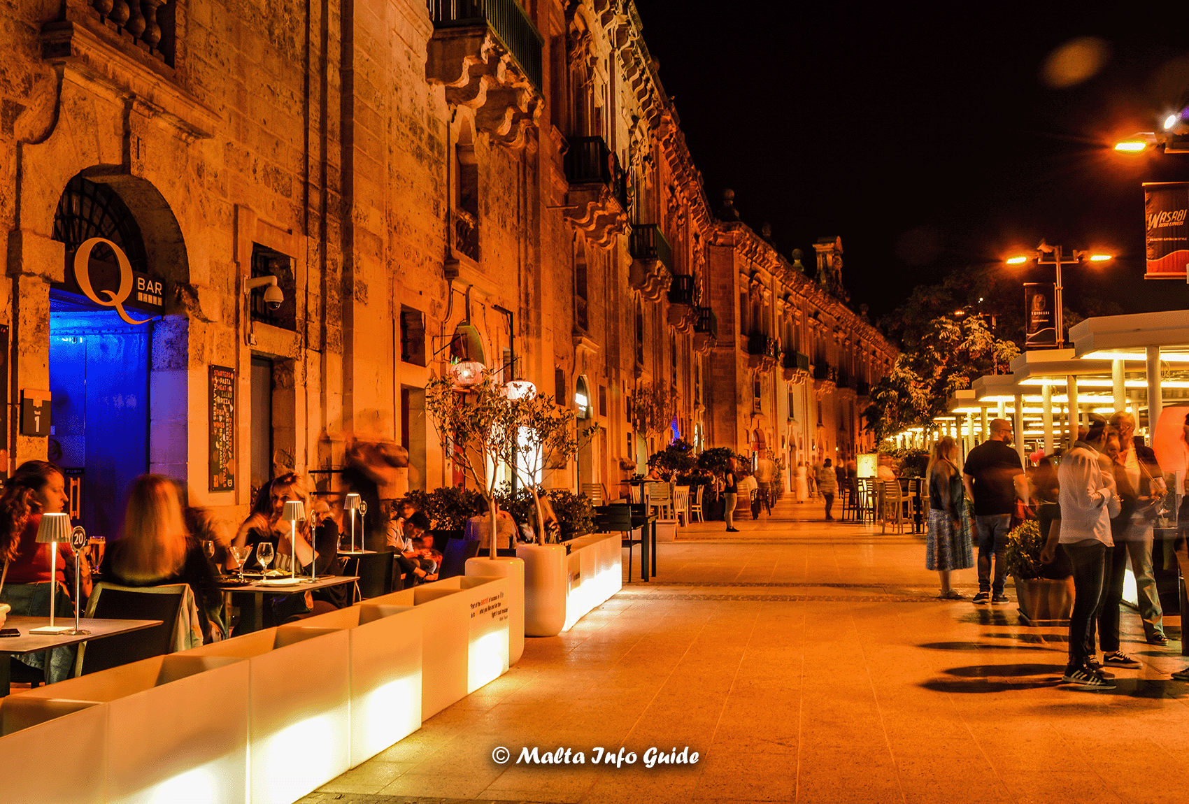 The Valletta Waterfront is one of the preferred nightlife areas in Malta, offering a vibrant mix of bars, restaurants, and entertainment options with stunning harbour views. The Valletta Waterfront showcases its vibrant Malta nightlife every evening.