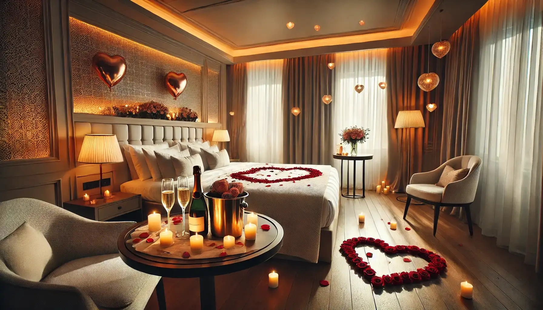 Hotel room with romantic Valentine’s décor.