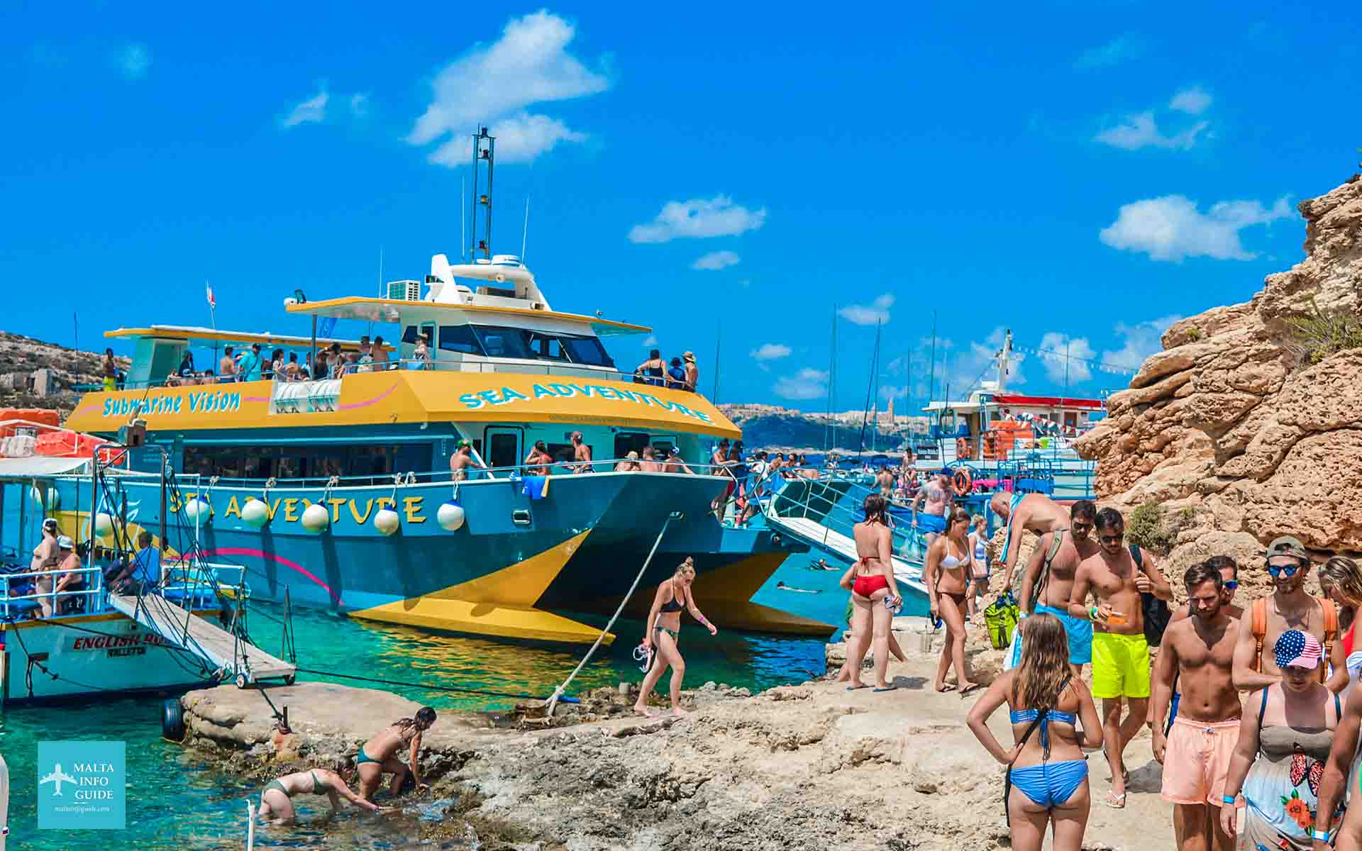 Sea Adventure excursions catamaran moored at Blue Lagoon Comino Sea Adventure excursions catamaran moored at Blue Lagoon Comino