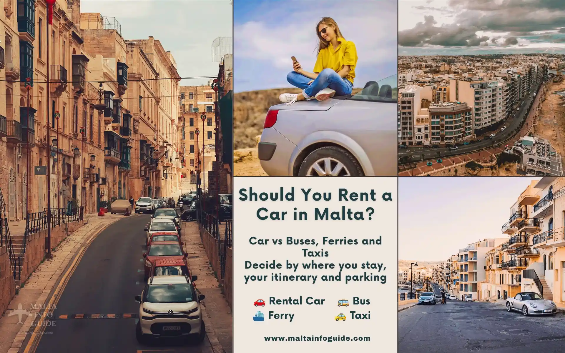 Collage showing Malta roads, cars and urban scenery.